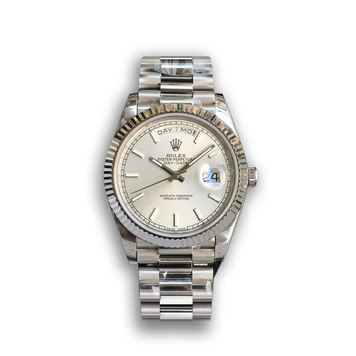 Rolex Day-Date 228238 Silver Dial Fluted Bezel Watch