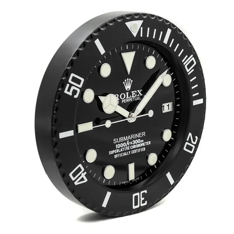 Rolex Submariner wall clock 30cm black dial with Mercedes hands and bezel scale