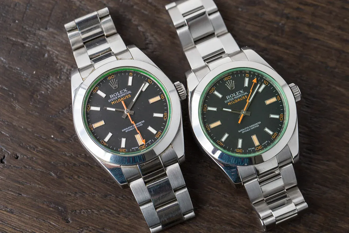 Rolex Milgauss comparison showing distinctive waffle dial and lightning hand