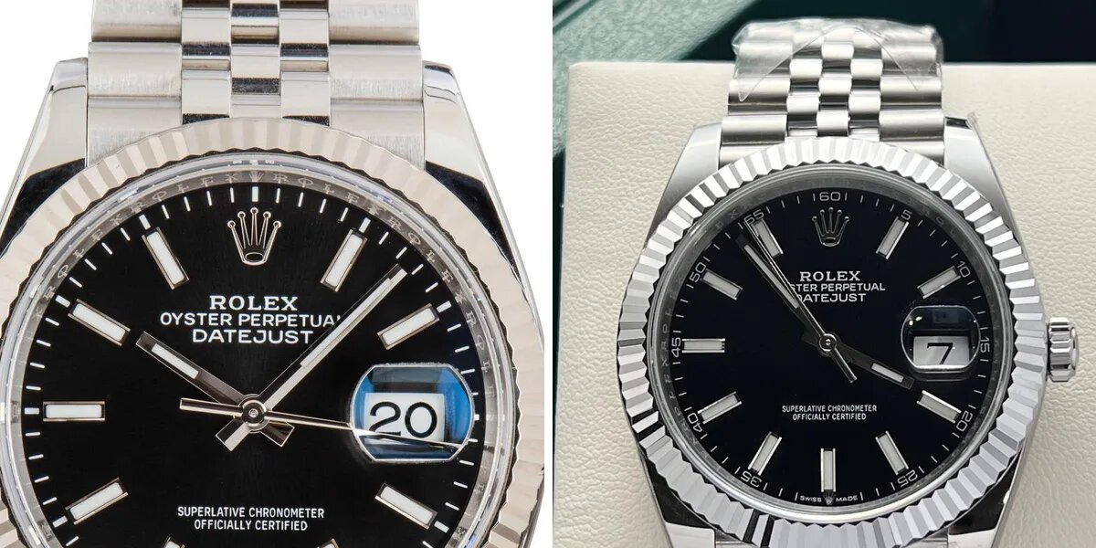 Rolex Datejust Cyclops lens comparison showing 2.5x magnification on genuine versus reduced magnification on replica