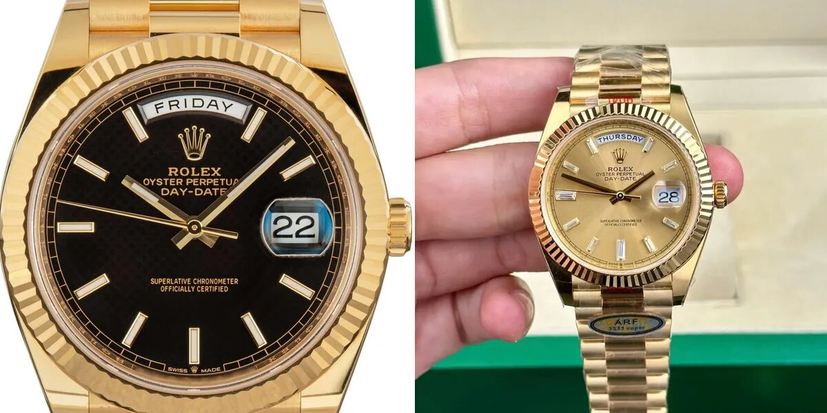 Rolex Day-Date genuine 18k gold versus replica gold-plated comparison showing tone and finishing differences on President bracelet