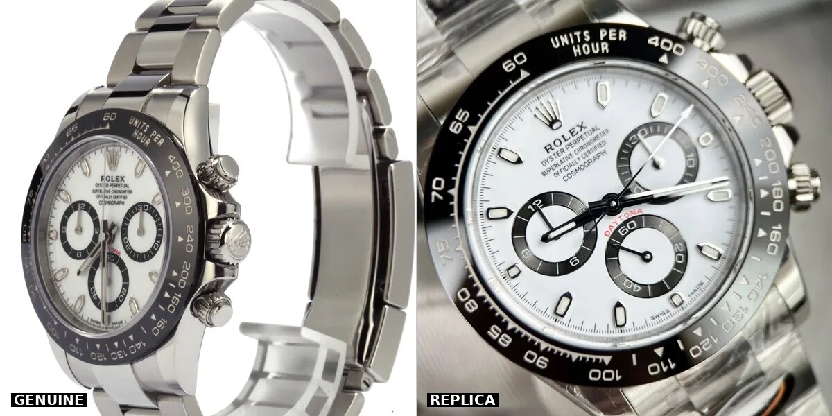Rolex Daytona dial and bezel comparison showing subdial detail and tachymeter engraving quality