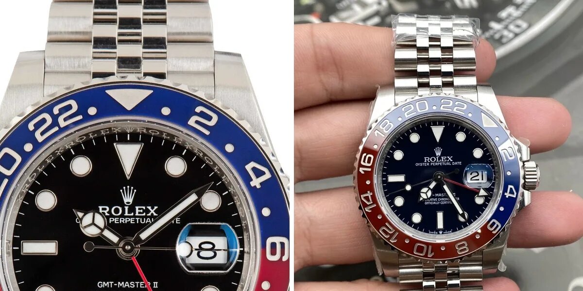 Rolex GMT-Master II Pepsi bezel color comparison between genuine and replica showing transition boundary