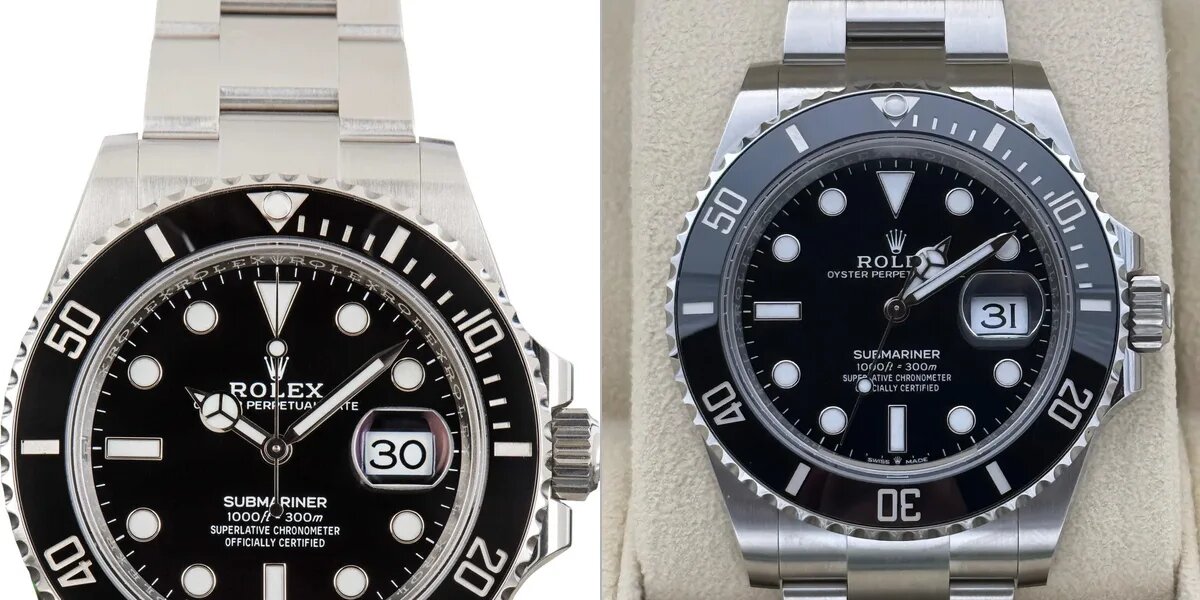 Rolex Submariner ceramic bezel comparison showing platinum fill on genuine versus paint on replica