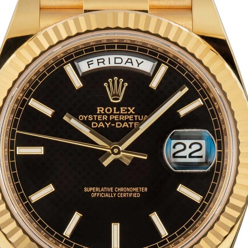 Day-Date watch image A showing gold case and President bracelet