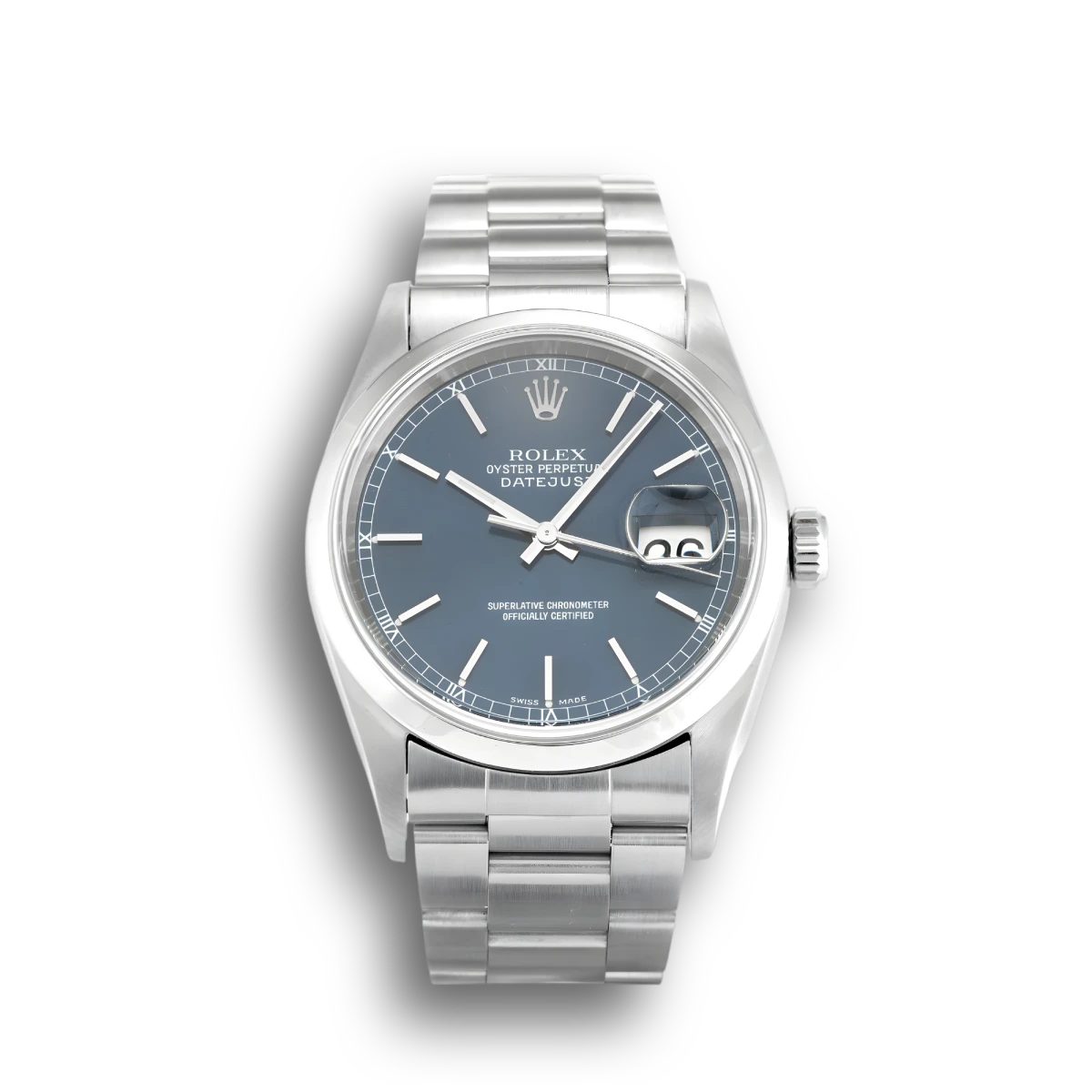 Datejust 16200 super clone replica blue dial — front view