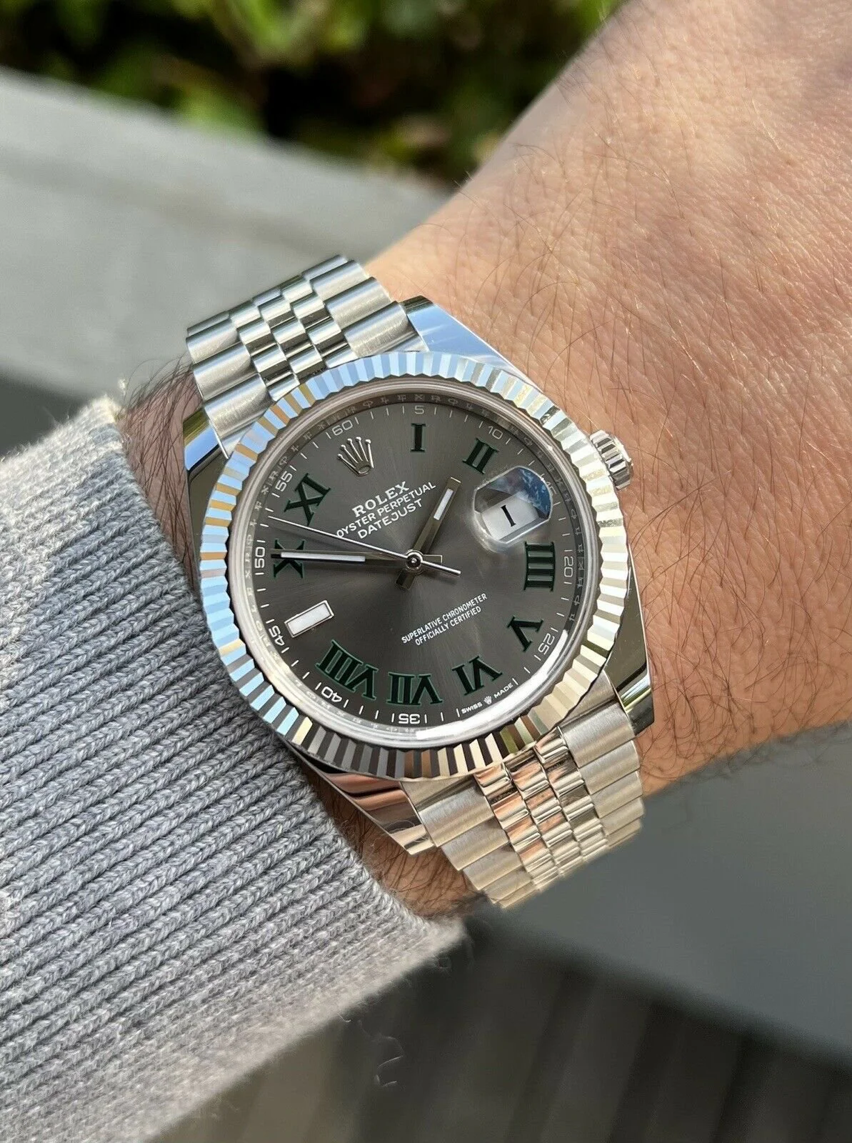 Rolex Datejust 126334 copy silver dial — angled view