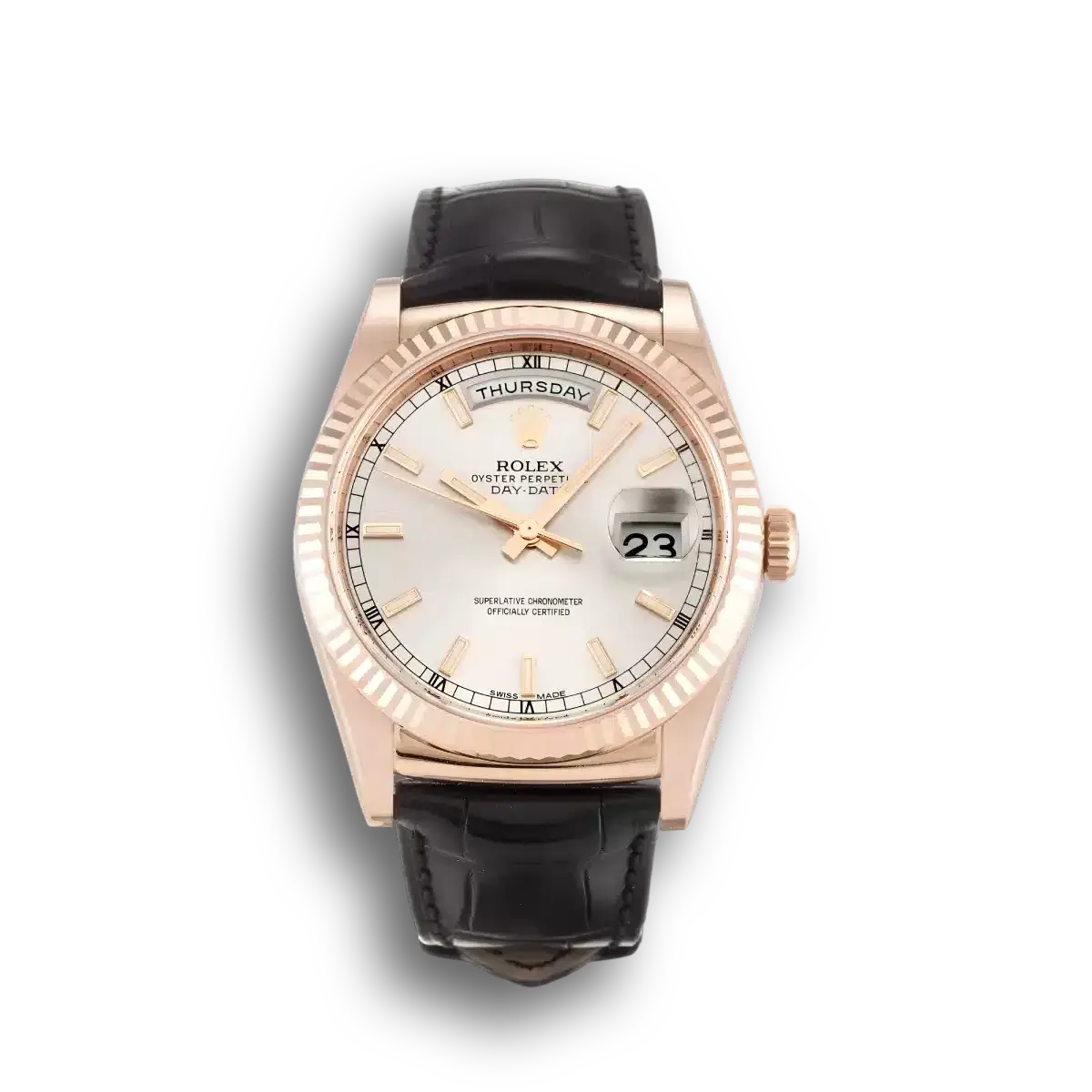 Day-Date 118135 rolex replica silver dial — front view