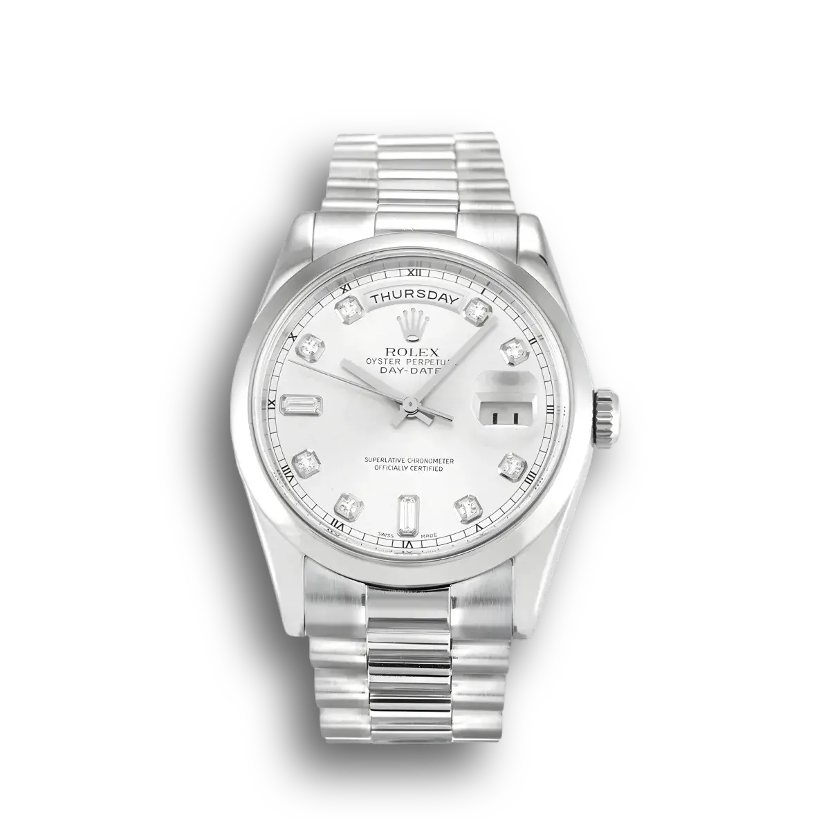 Day-Date 118209 rolex copy silver dial — front view