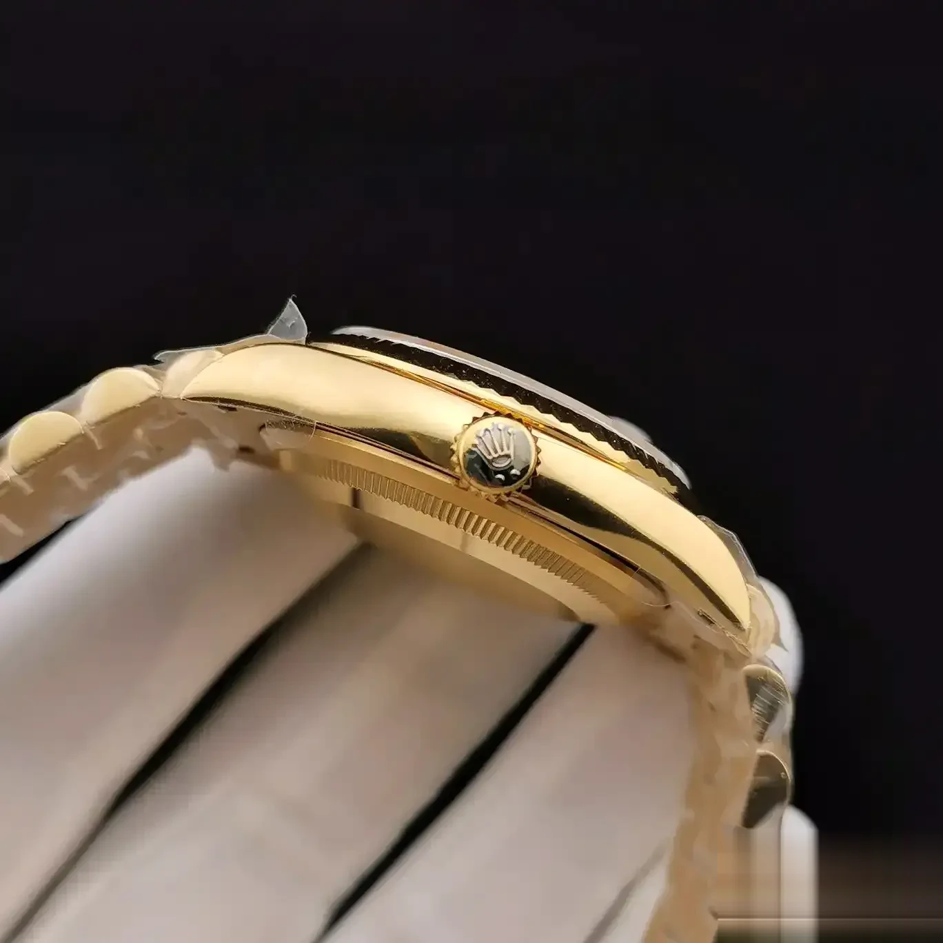 Rolex Day-Date 228239 replica mother of pearl dial — angled view