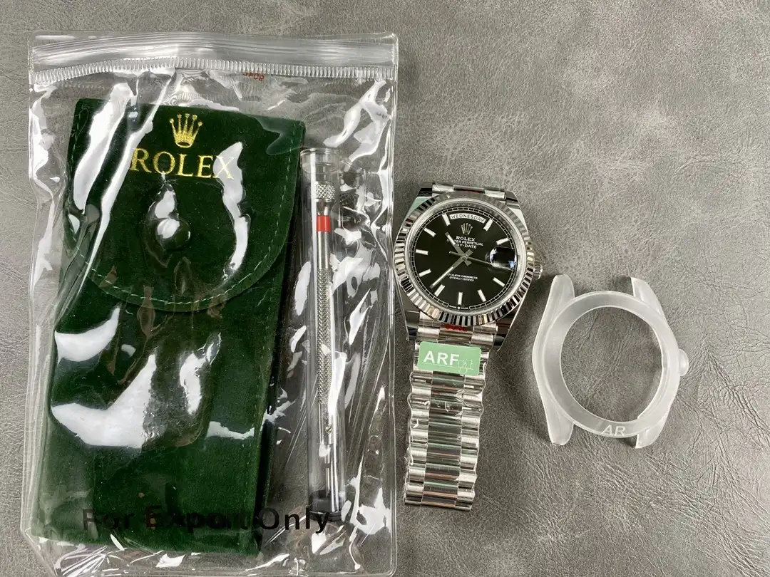 Day-Date 41985 clone bright black dial — angled view