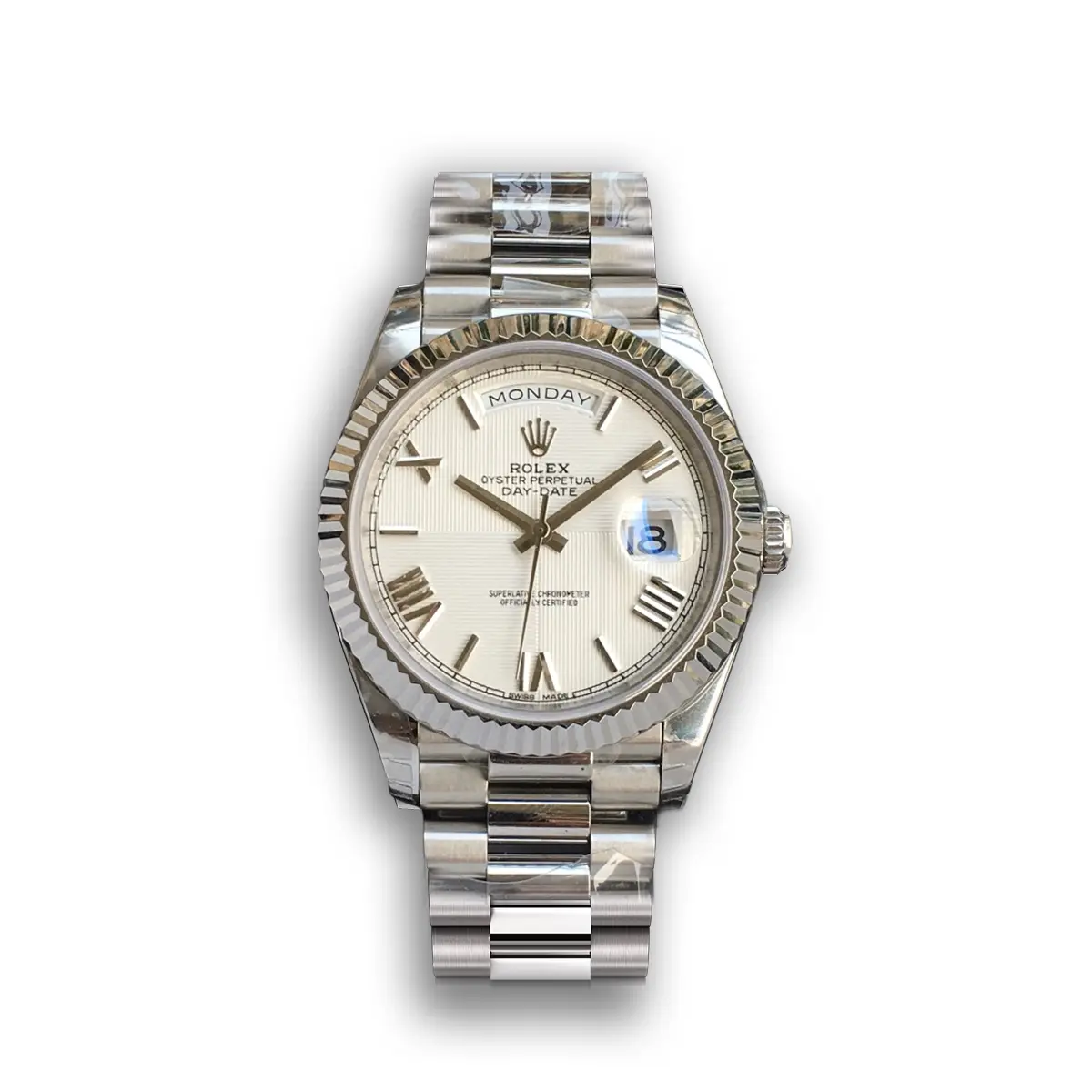 Rolex Day-Date 41985 super clone replica quadrant texture white dial — front view