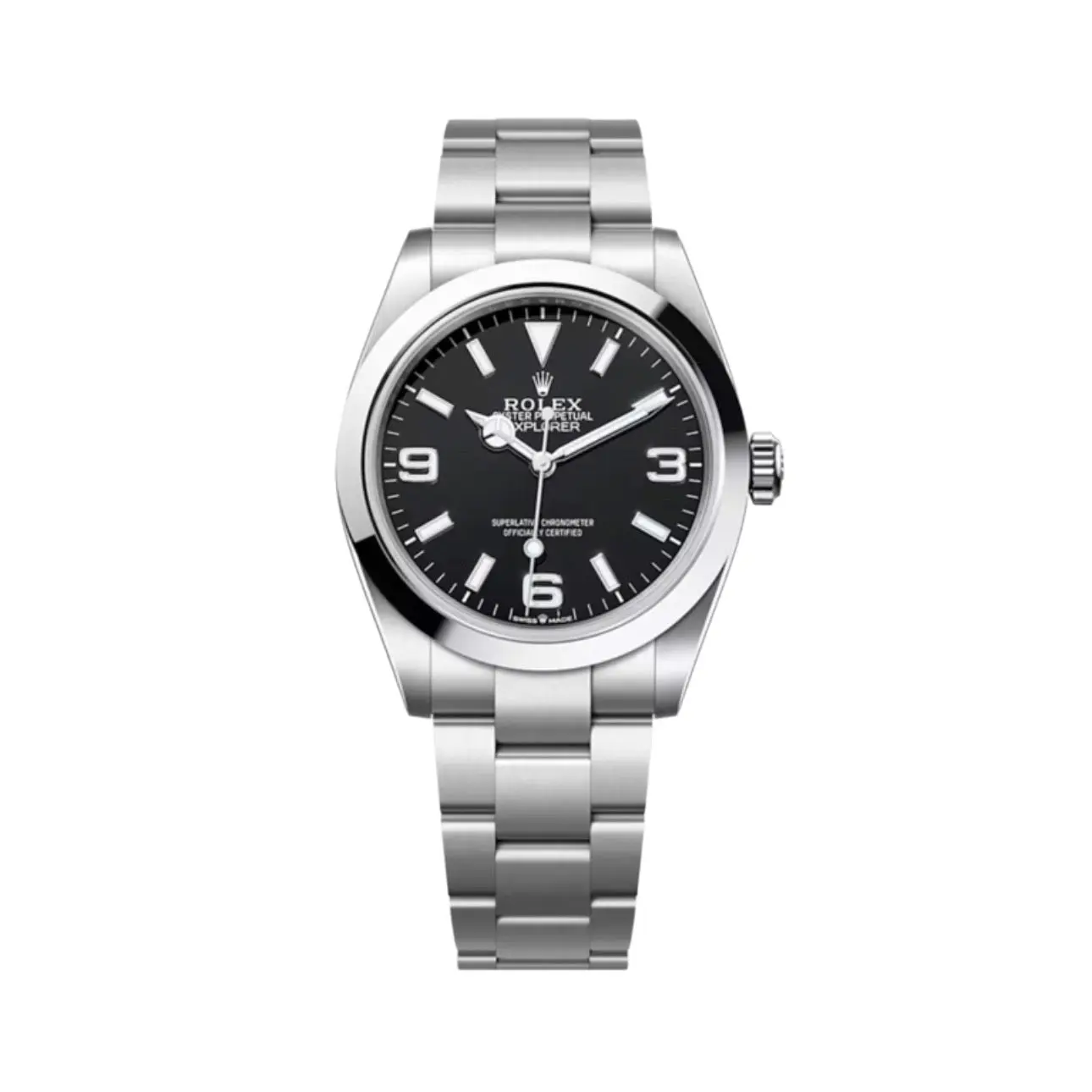 Rolex Explorer 128238 super clone replica black dial — front view