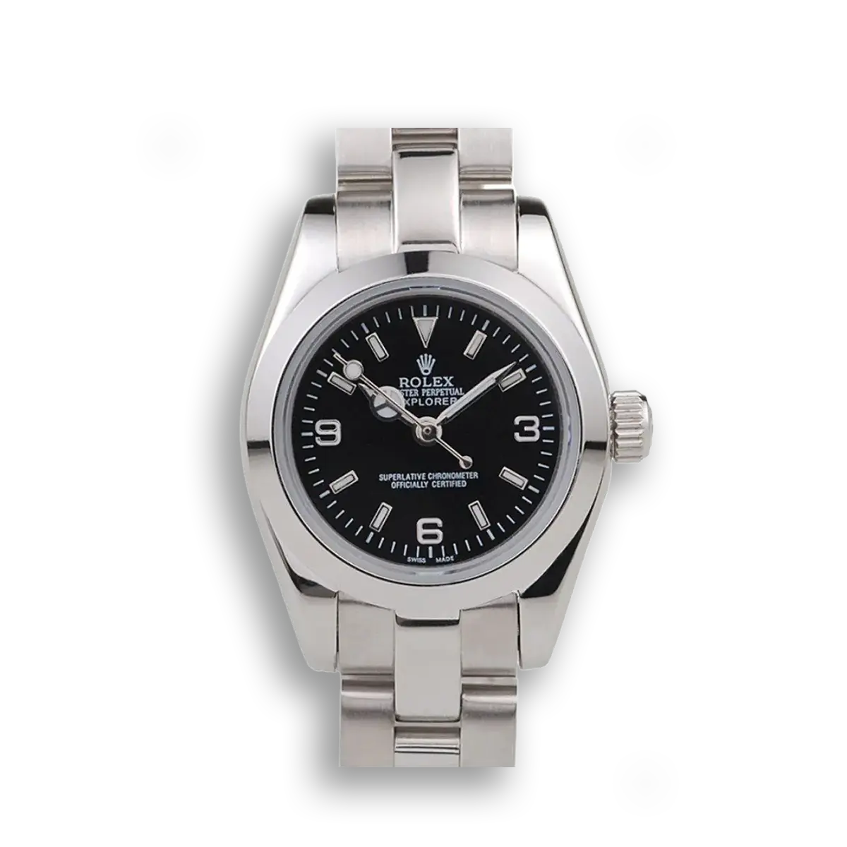 Rolex Explorer 98089 super clone replica black dial — front view