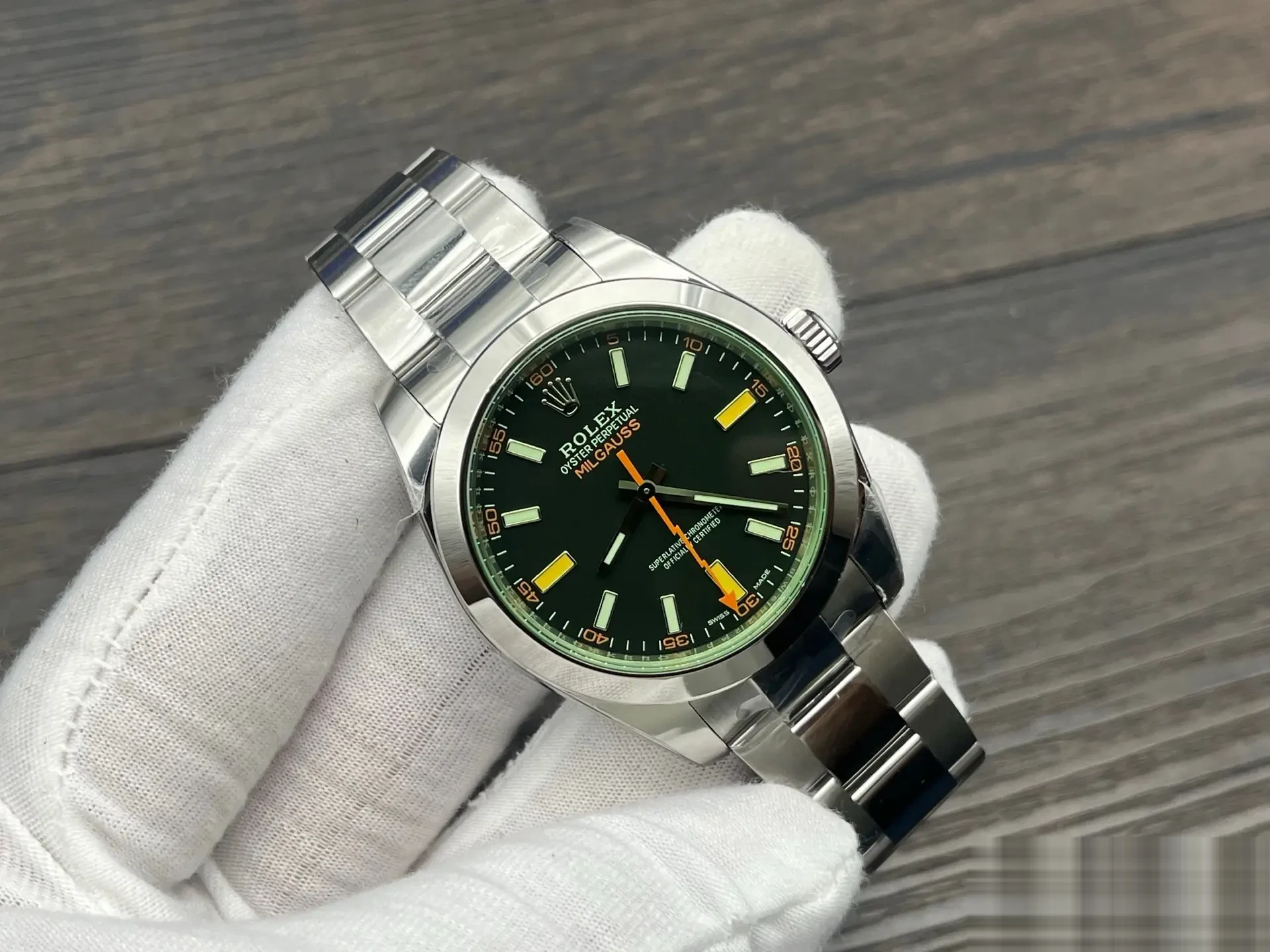 Rolex Milgauss 116400GV replica black dial — angled view