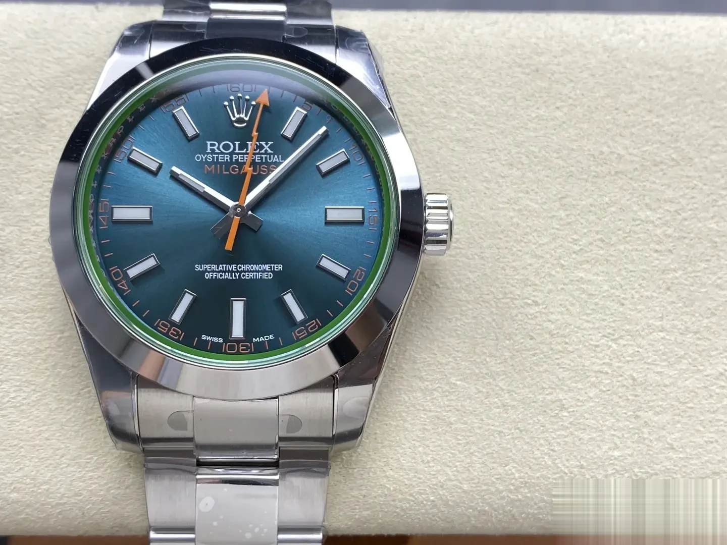 Milgauss 116400GV rolex replica blue dial — angled view