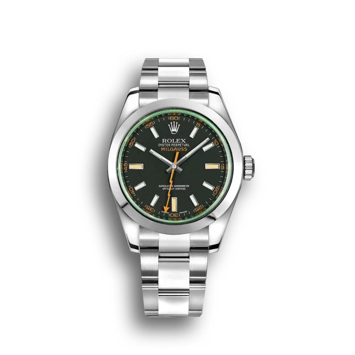 Milgauss 116400GV clone black dial — front view