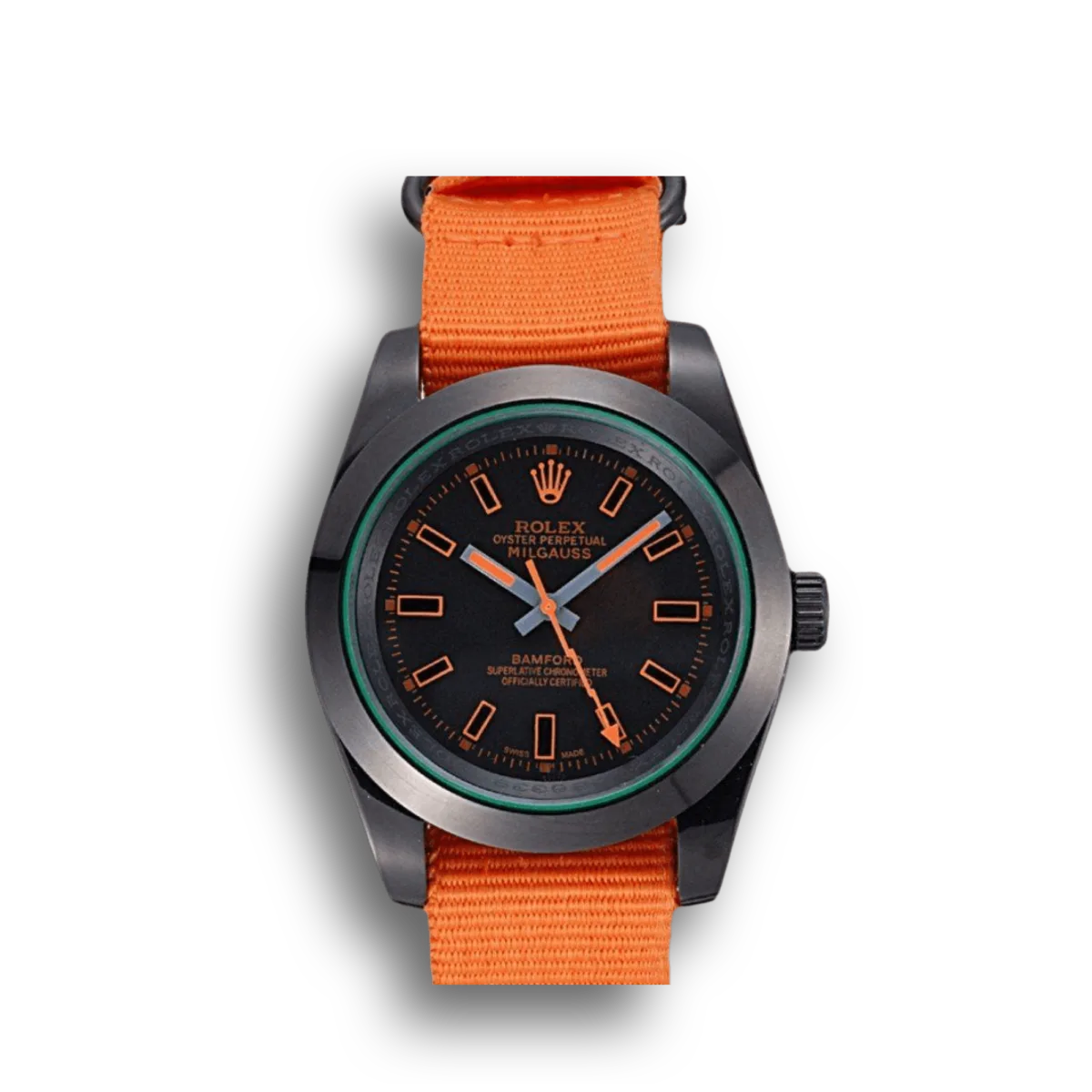 Milgauss 622003 clone black dial — front view