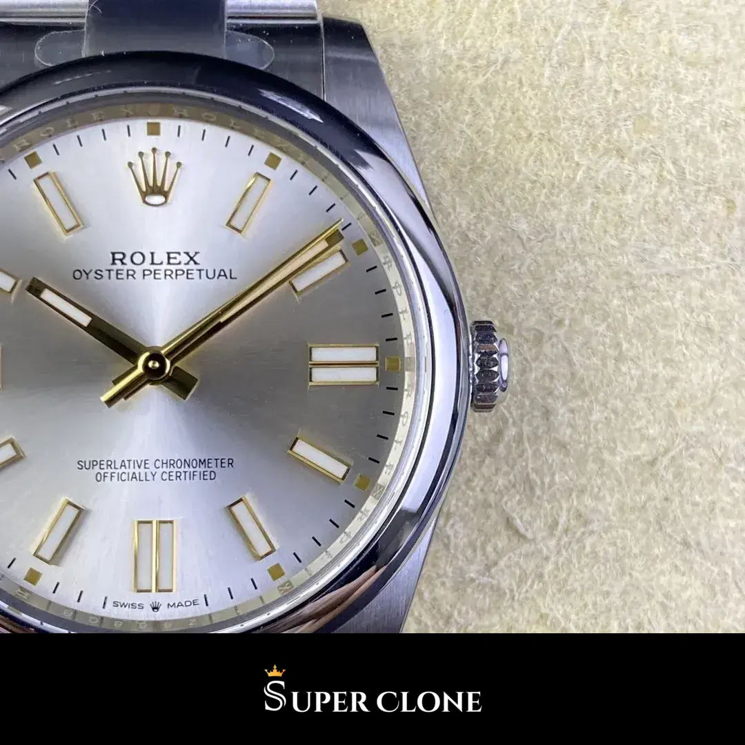 Rolex Oyster Perpetual 124300 rolex clone yellow dial — angled view