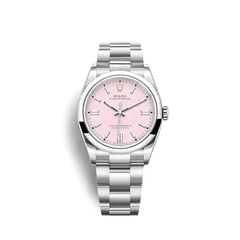 Rolex Oyster Perpetual 126000 miyota replica candy pink dial — front view