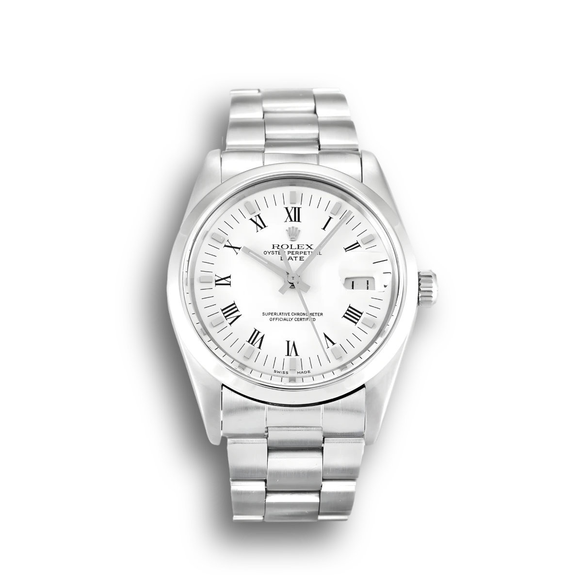 Rolex Oyster Perpetual 15000 clone white dial — front view