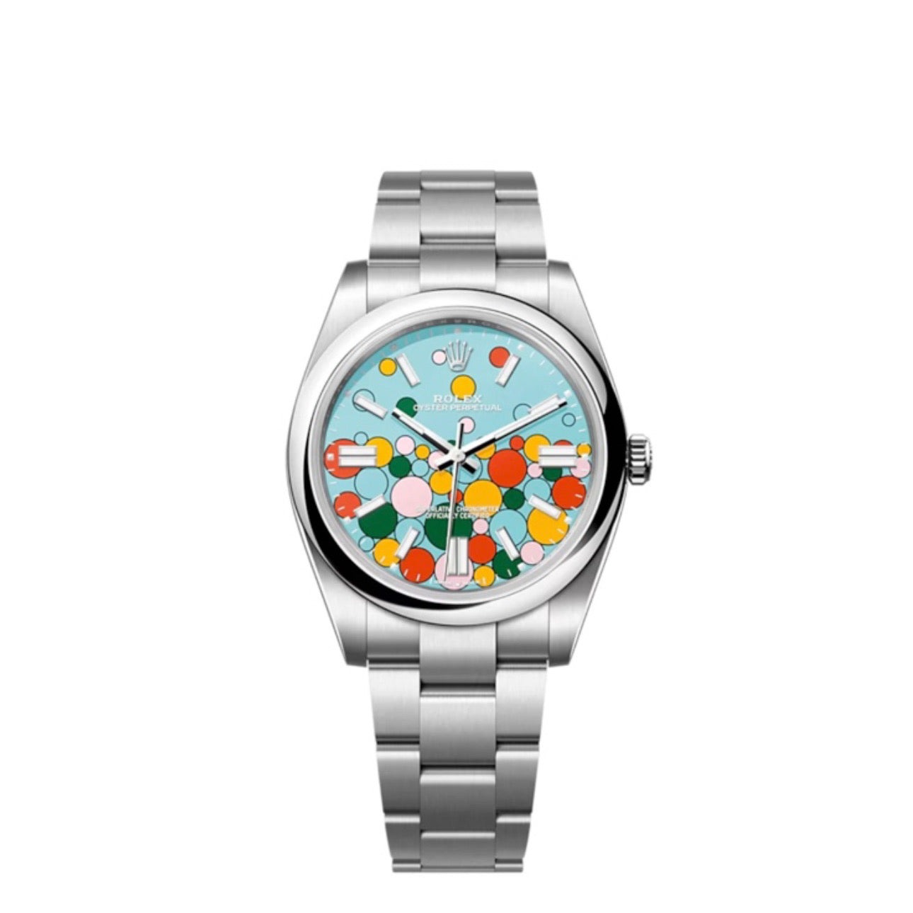 Rolex Oyster Perpetual 124300 clone celebration motif, turquoise blue dial — front view