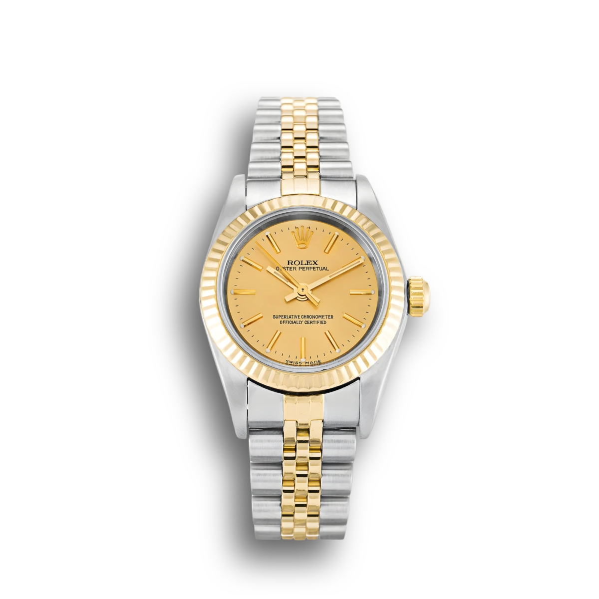 Rolex Oyster Perpetual 76193 clone gold dial — front view