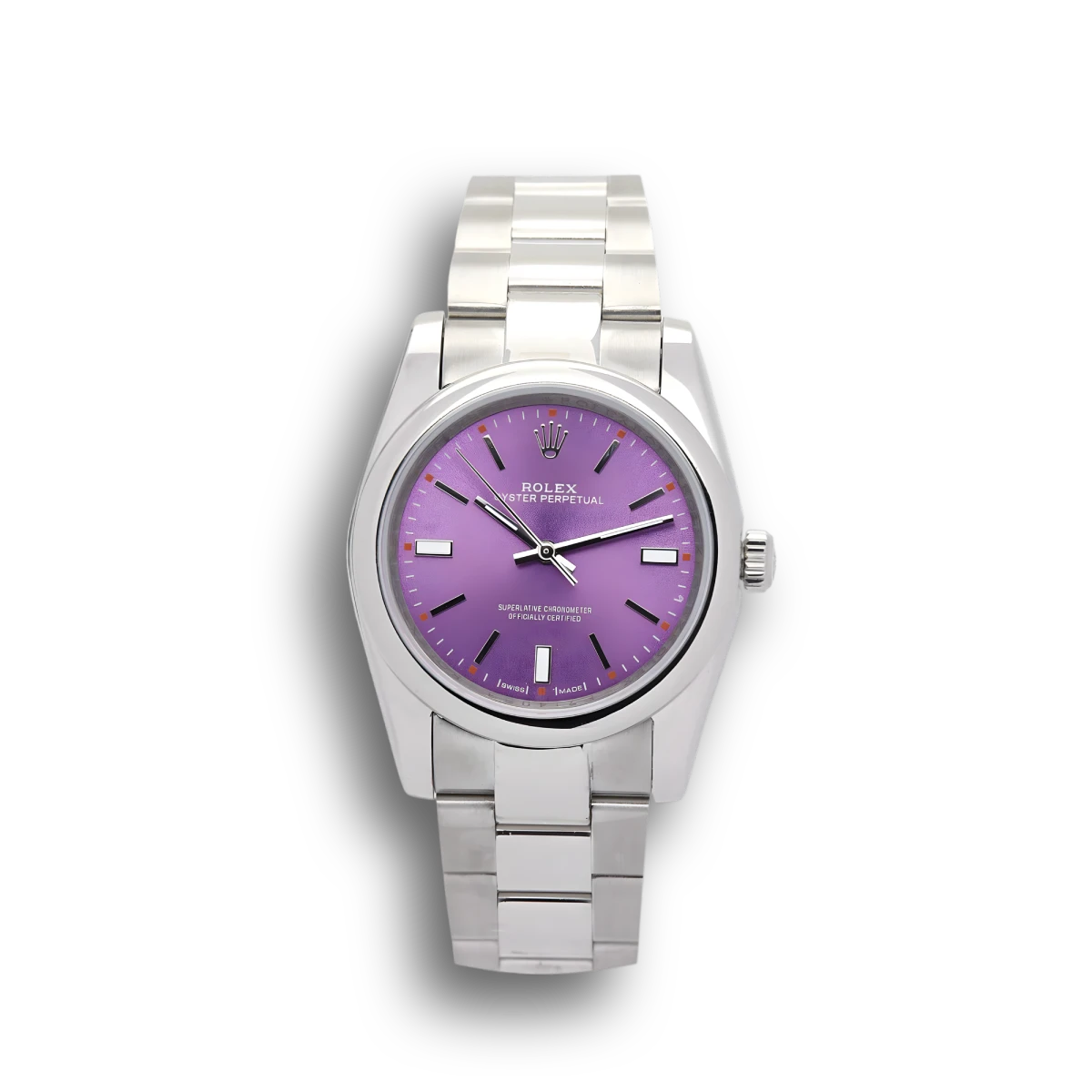 Rolex Oyster Perpetual 177200 replica purple dial — front view