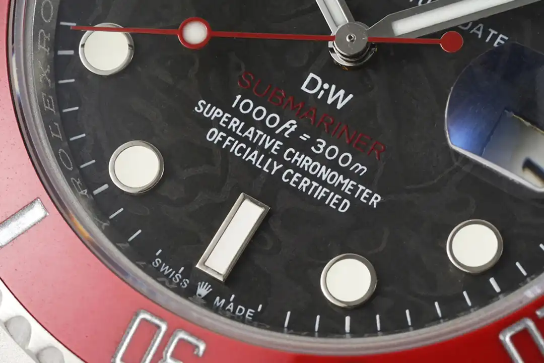 Macro of the lower half, red script and depth rating printed on a woven black surface