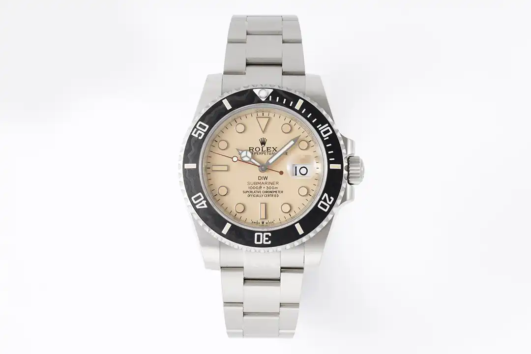Full watch seen flat on white, warm beige face, red-tipped seconds hand, date window at three