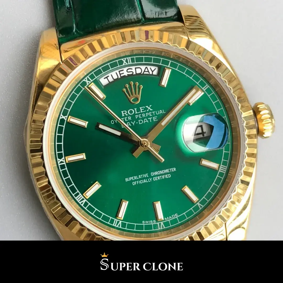 Rolex Day-Date 118138, green dial, yellow gold case