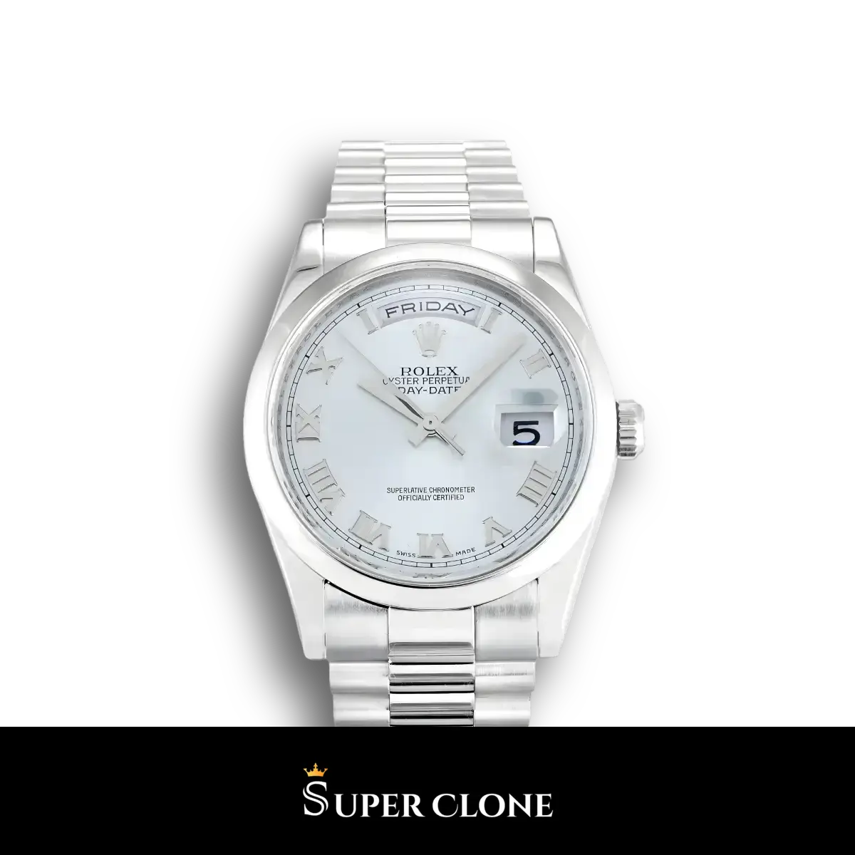 Rolex Day-Date 118206 super clone ice blue dial, front view