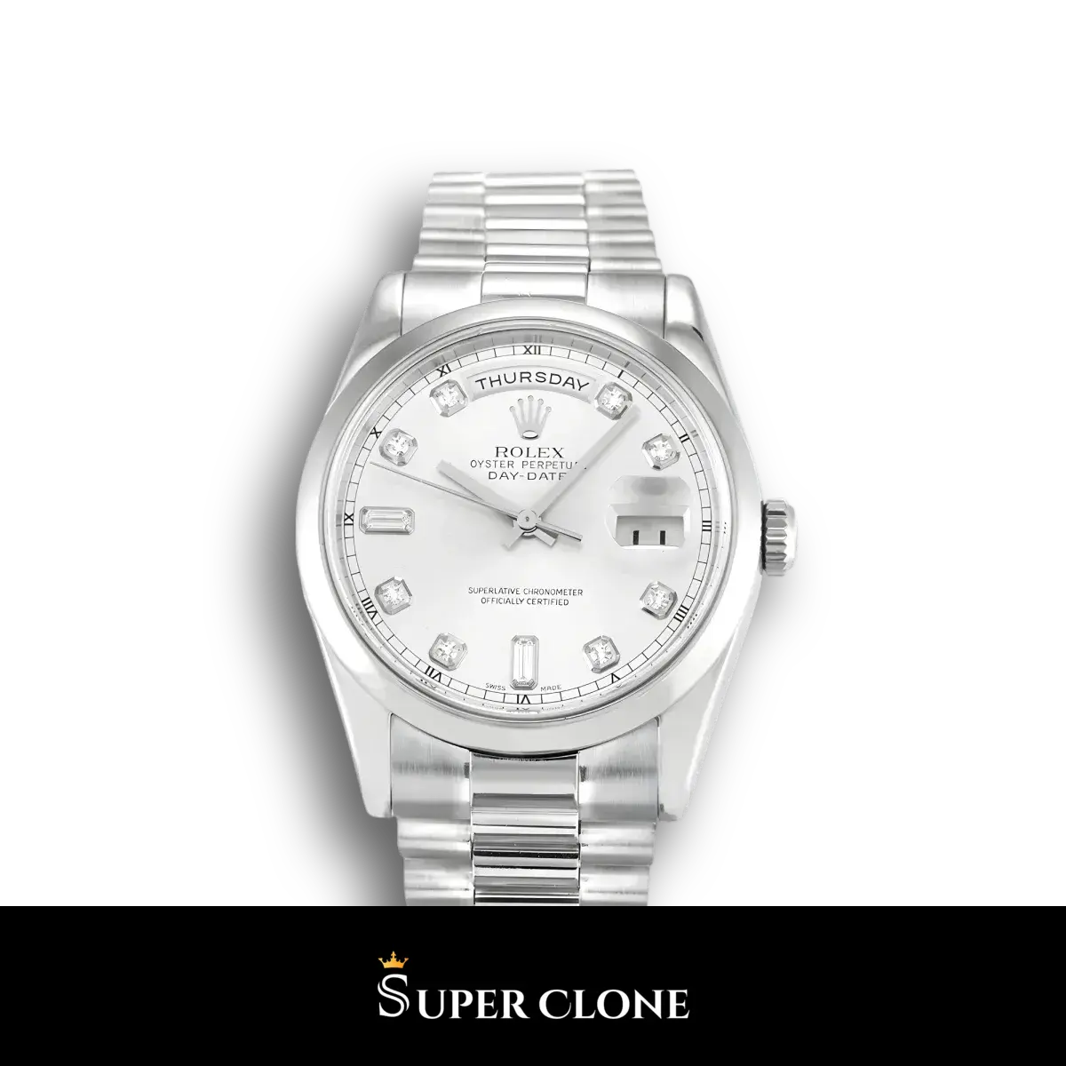 Day-Date 118209 super clone silver dial, front view