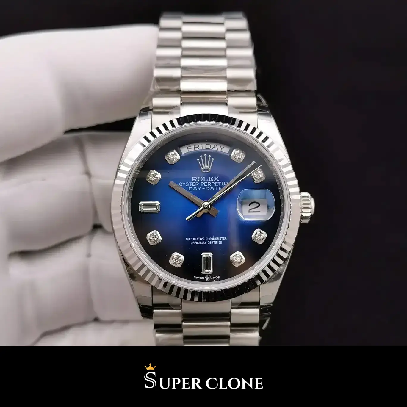 Rolex Day-Date 128239, 904l steel case, fluted bezel