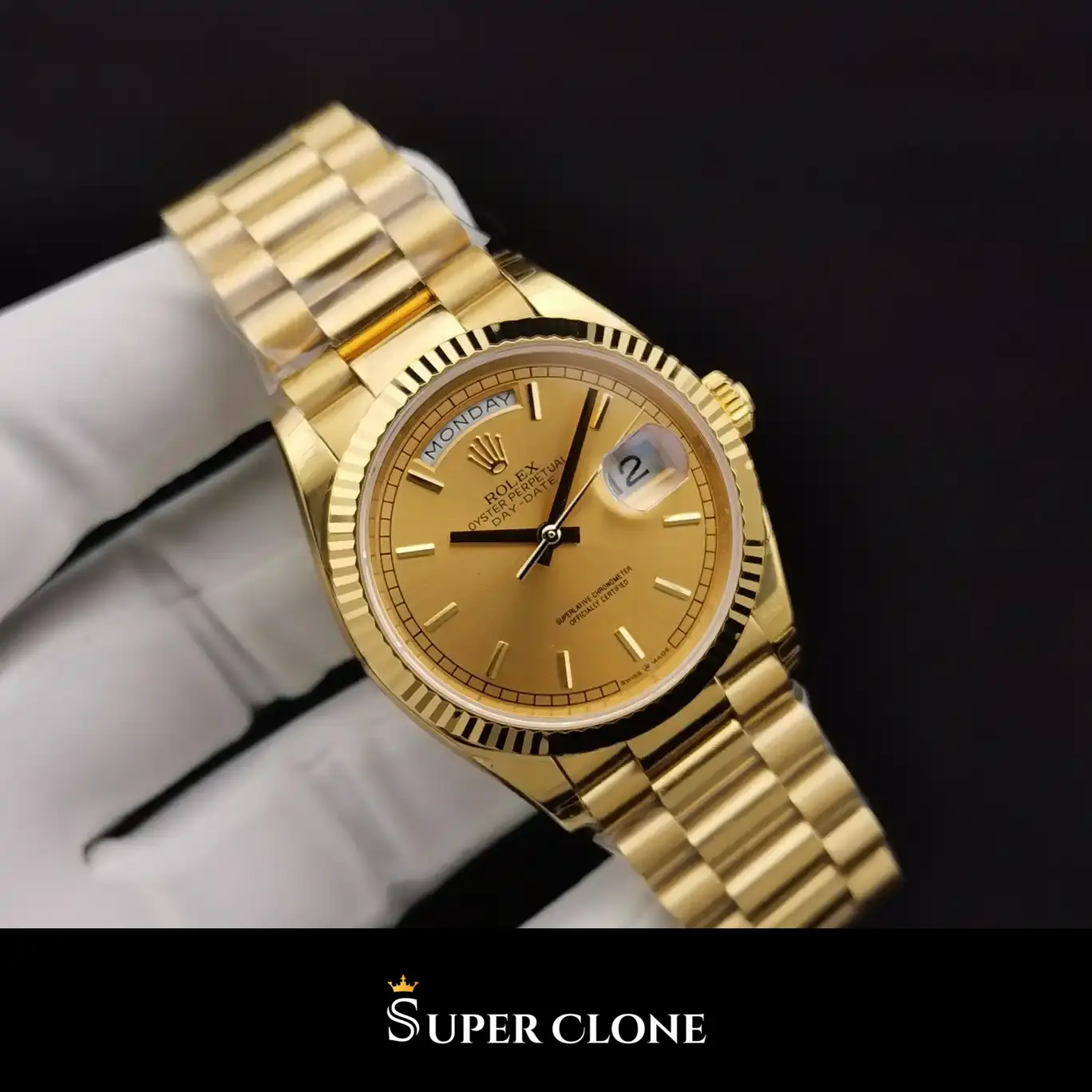 Day-Date 128238 super clone gold dial, front view