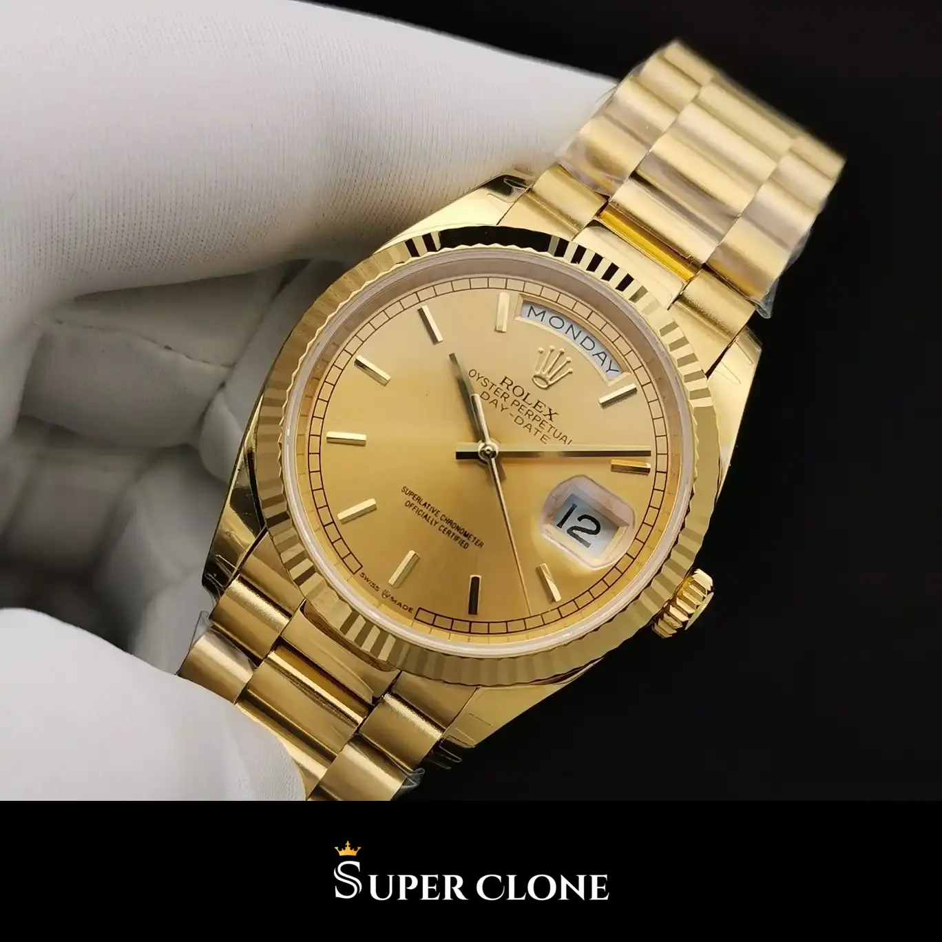 Day-Date 128238, yellow gold case, yellow gold fluted bezel