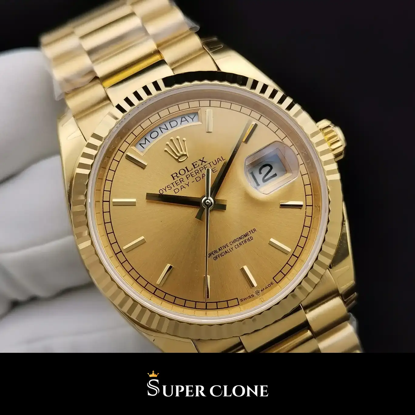 Rolex Day-Date 128238, yellow gold fluted bezel, president bracelet