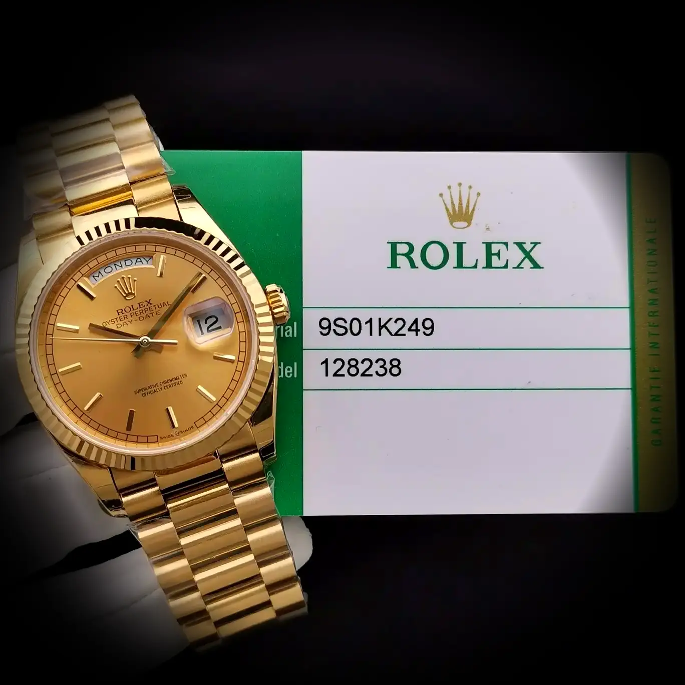 Day-Date 41985 superclone gold dial — angled view