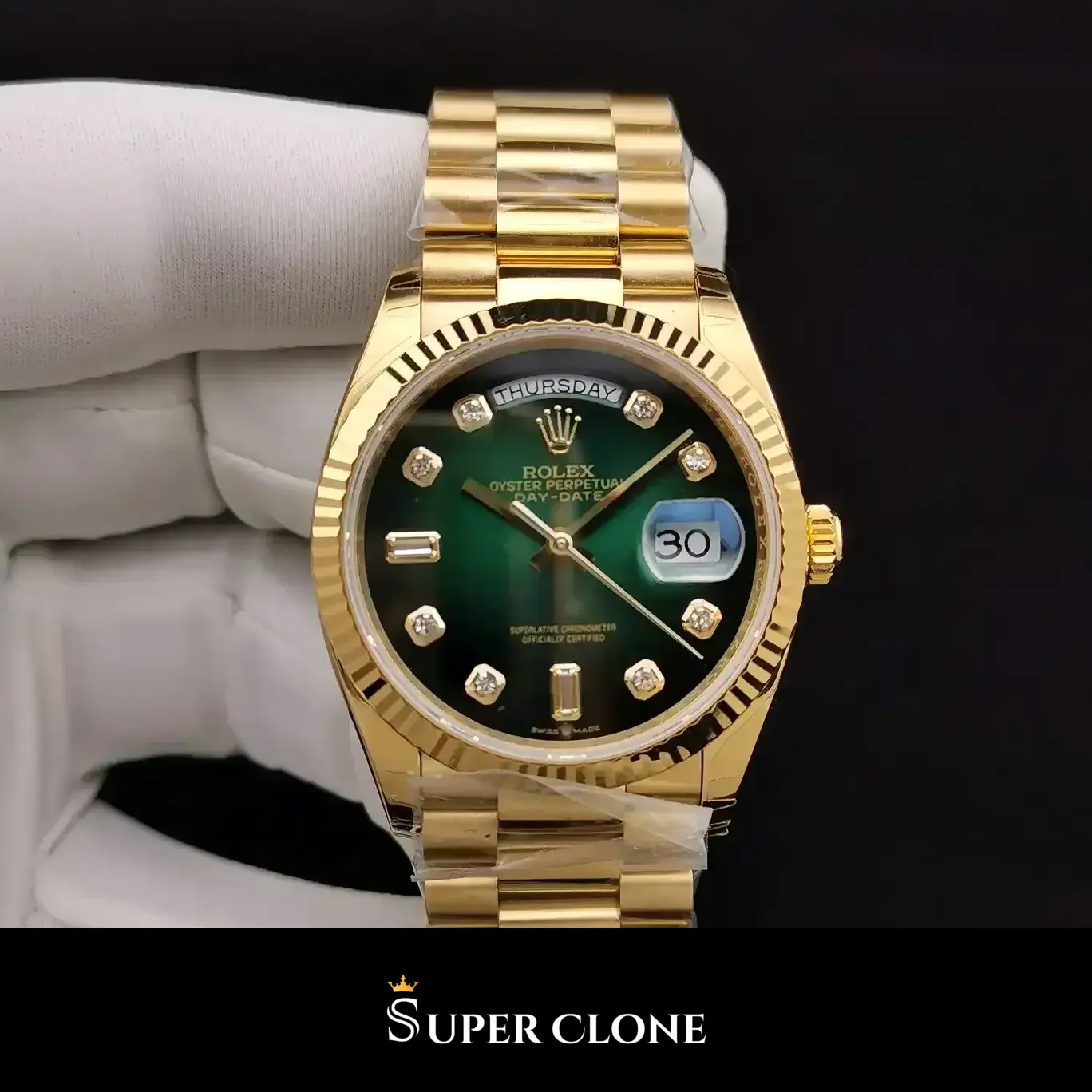 Rolex Day-Date 128238, green dial, yellow gold case