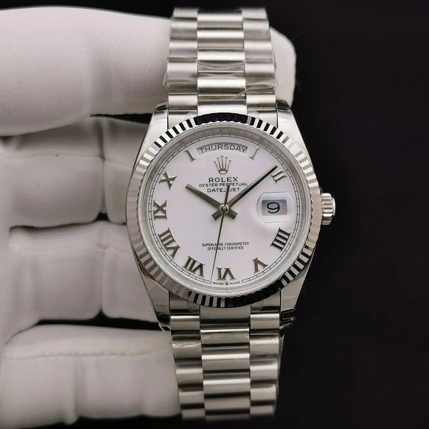 Rolex Day-Date 128239, white gold case, fluted bezel