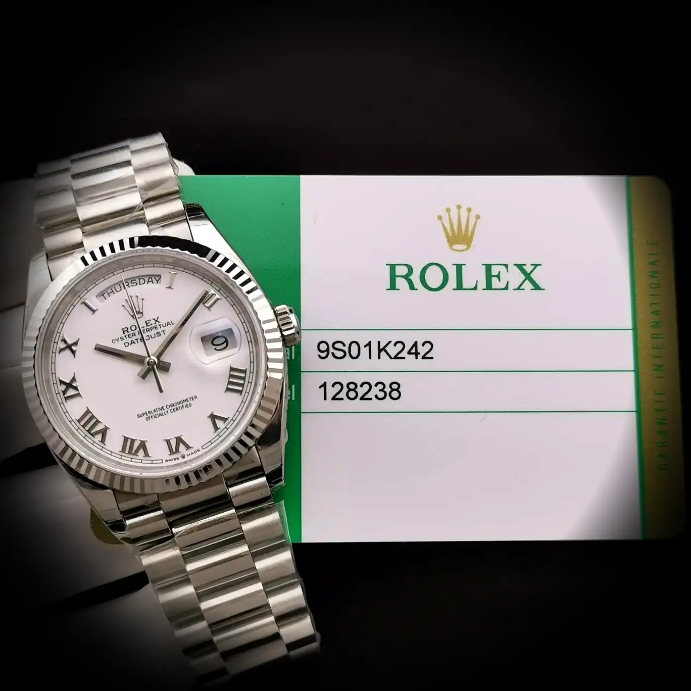 Day-Date 41985 superclone mother of pearl dial — angled view