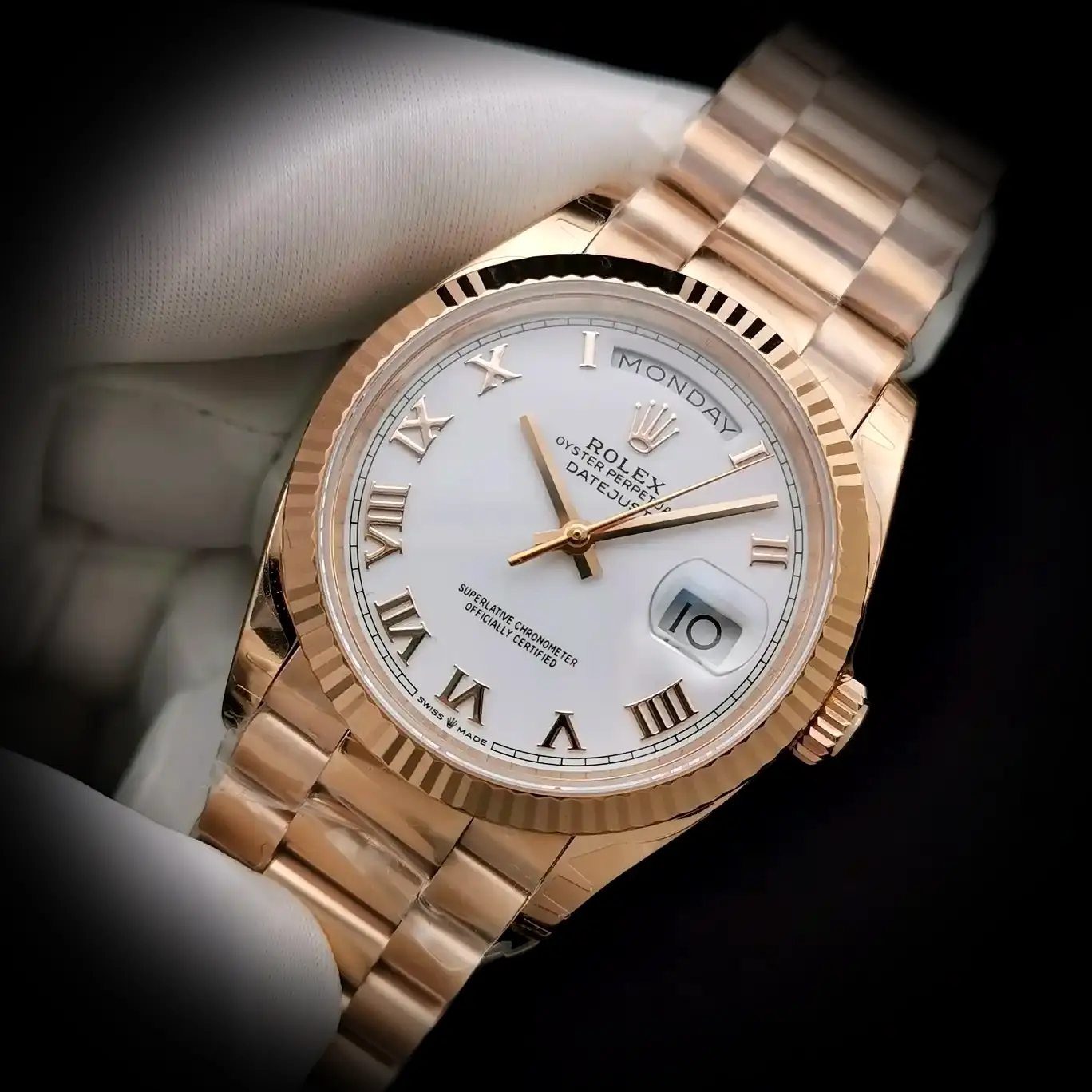 Rolex Day-Date 41985 superclone white dial — caseback detail