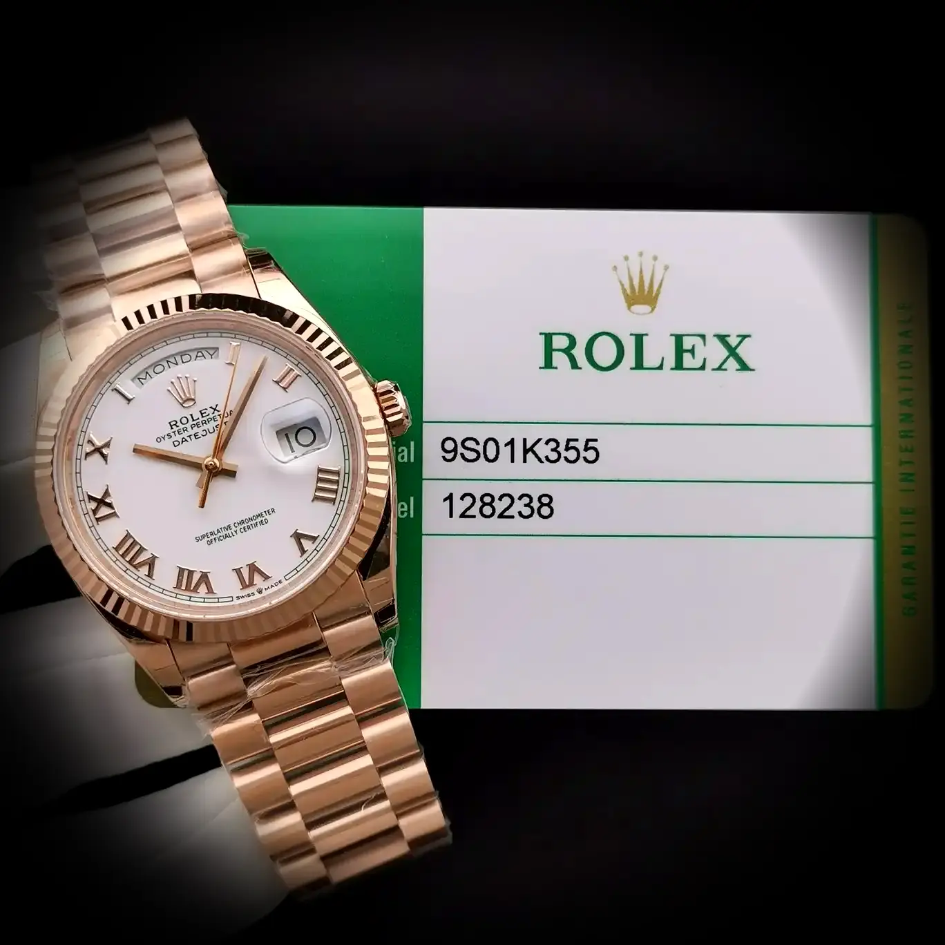 Rolex Day-Date 41985 Swiss clone white dial — angled view