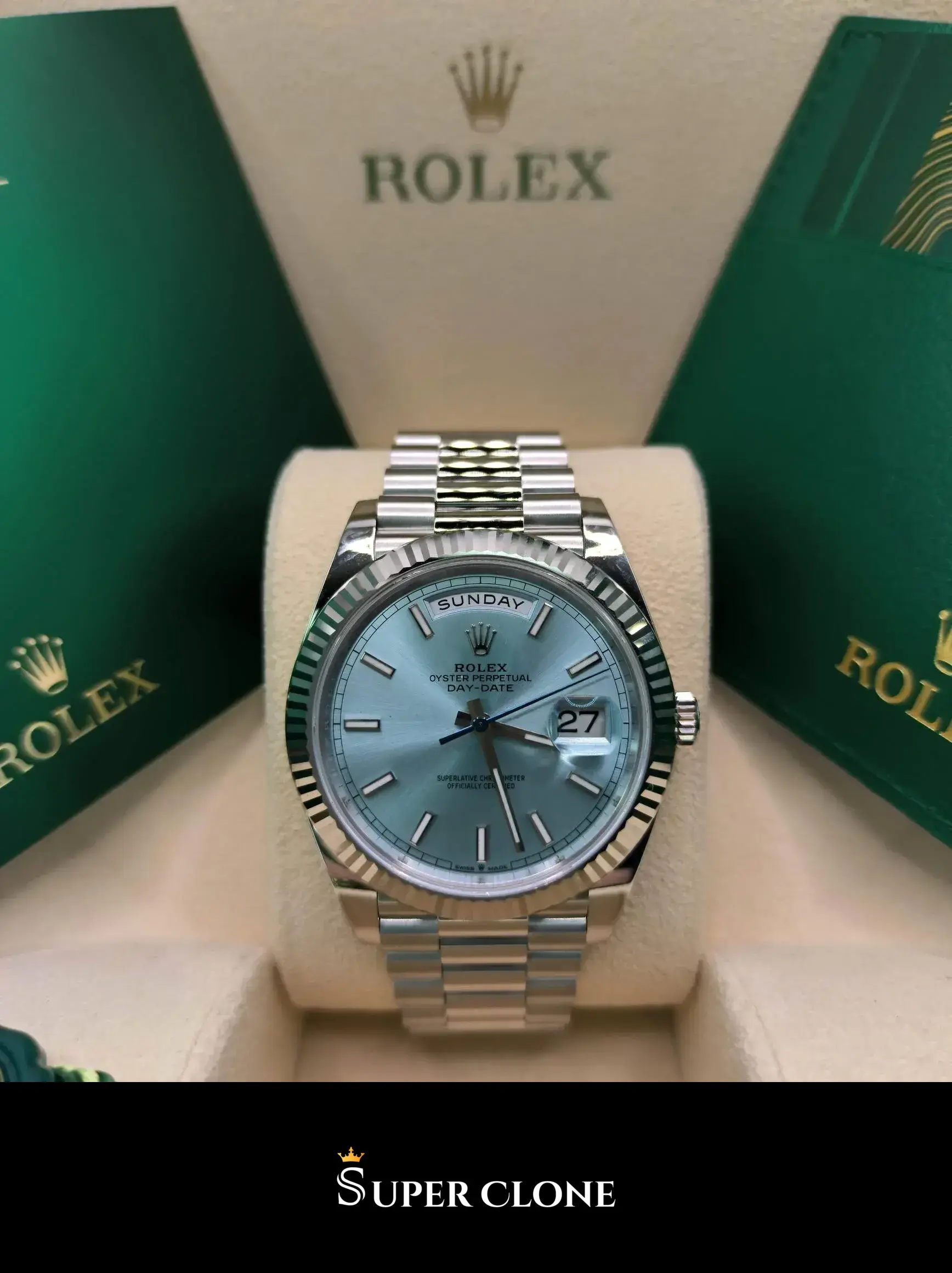 Rolex Day-Date 228236, 904l steel case, fluted bezel