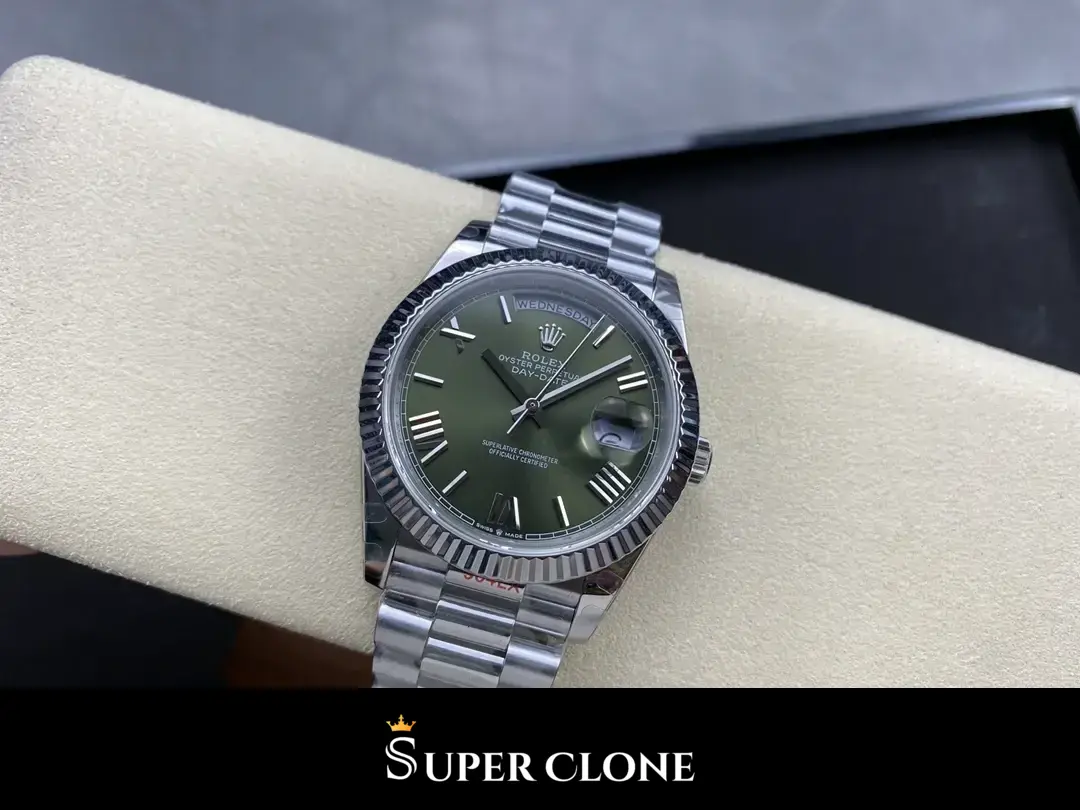 Rolex Day-Date 228239, green dial, 904l steel case