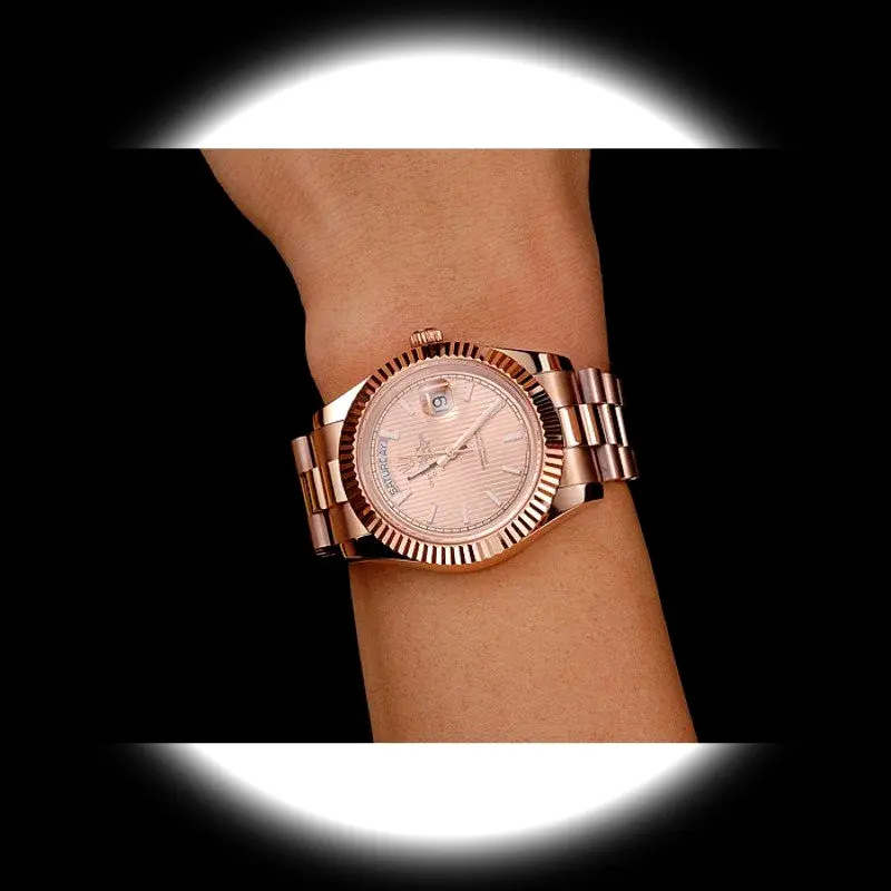 Rolex Day-Date REP016823 superclone rose-gold dial — angled view