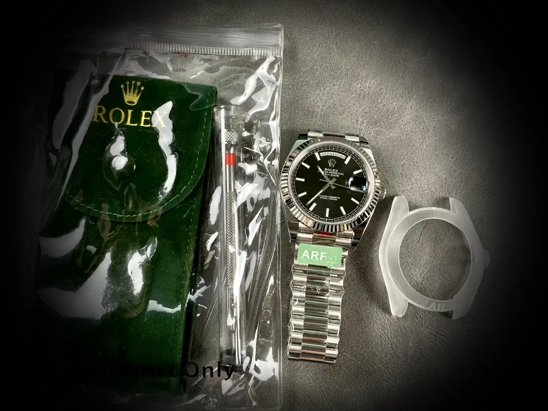 Day-Date 41985 superclone bright black dial — angled view