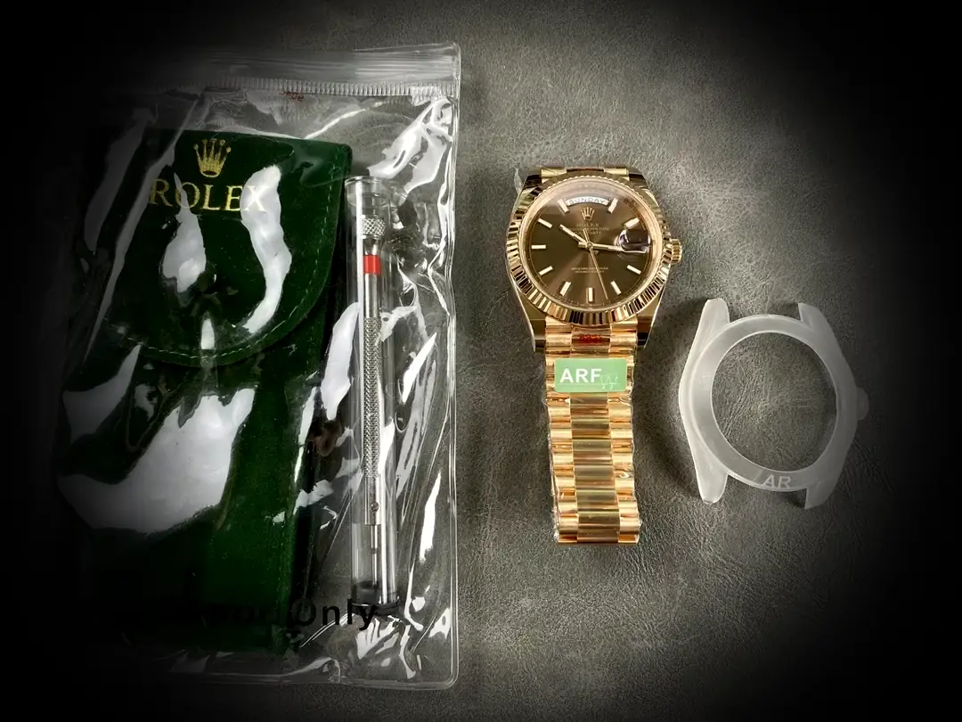 Day-Date 41985 superclone chocolate dial — angled view