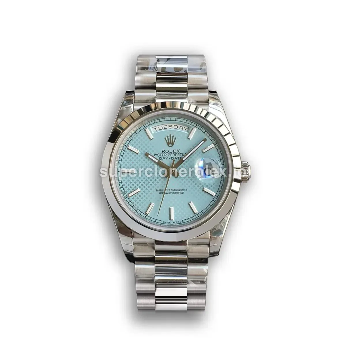 Rolex Day-Date 228206 super clone ice blue motif dial, front view
