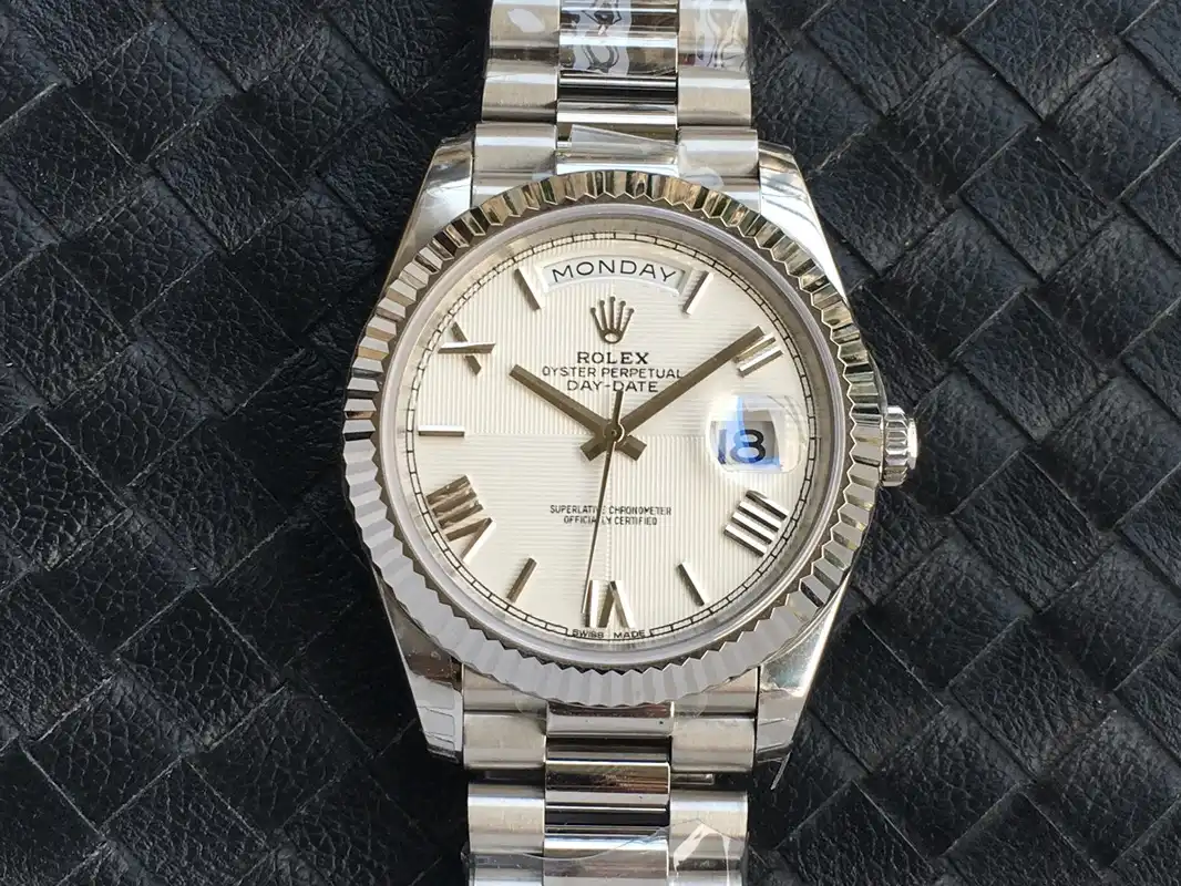 Rolex Day-Date 228239, white gold plated case, fluted bezel